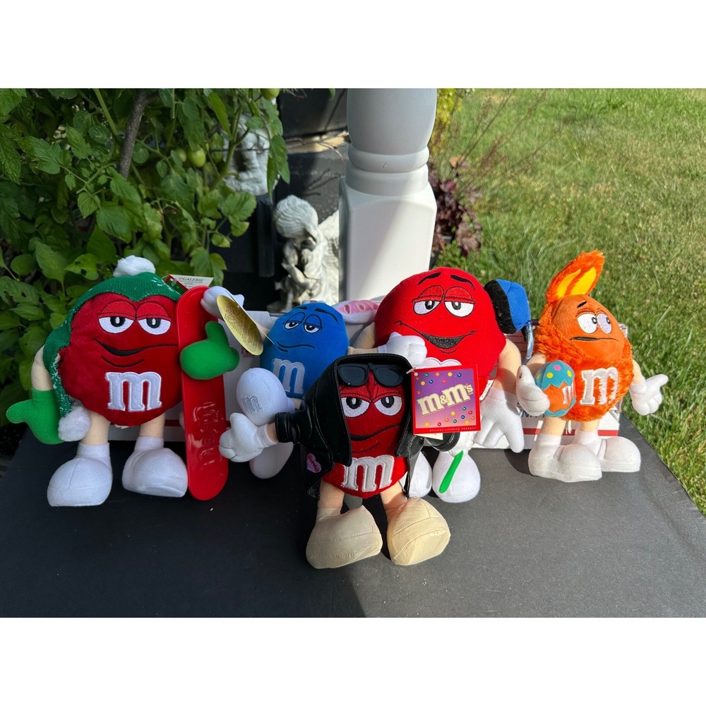 Lot of 5 M&M's Plush Toys Red Blue Orange Easter Winter Biker Galerie Tags